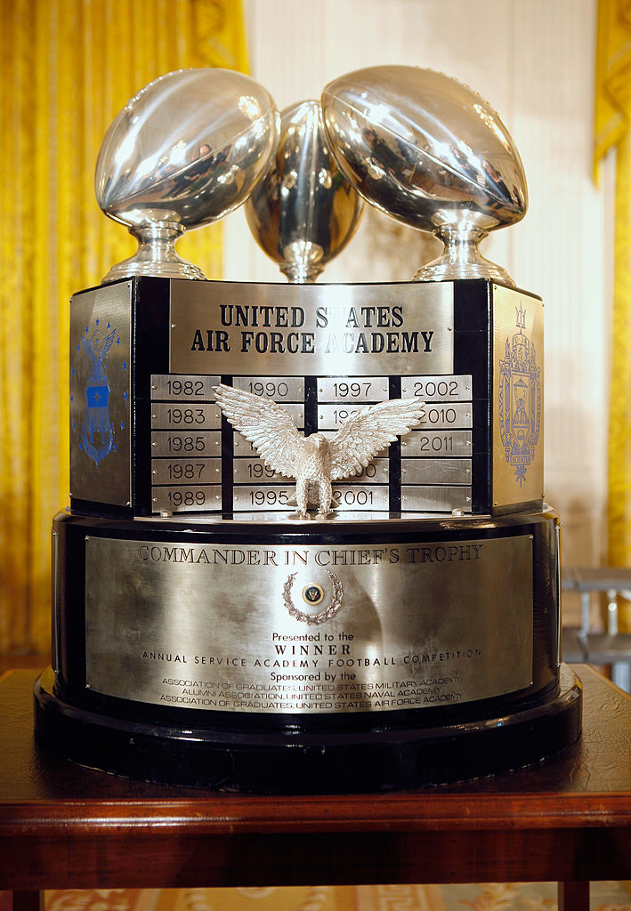 WASHINGTON, DC - APRIL 23: The Commander-On-Chief's Trophy is awarded to whichever miliary academy beats the other two in a single season. Each side of the three-sided trophy represents one of the academies. (Photo by Chip Somodevilla/Getty Images)