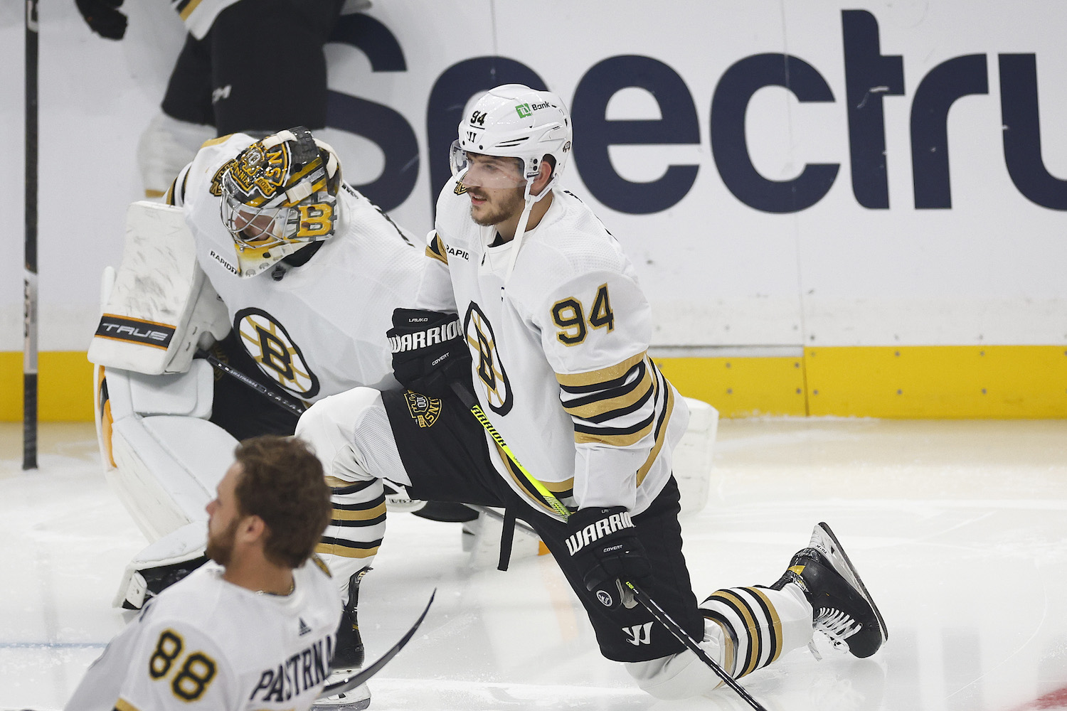 LOS ANGELES, CALIFORNIA - OCTOBER 21: Jakub Lauko #94 of the Boston Bruins during warmups at Crypto.com Arena on October 21, 2023 in Los Angeles, California. (Photo by Ronald Martinez/Getty Images)