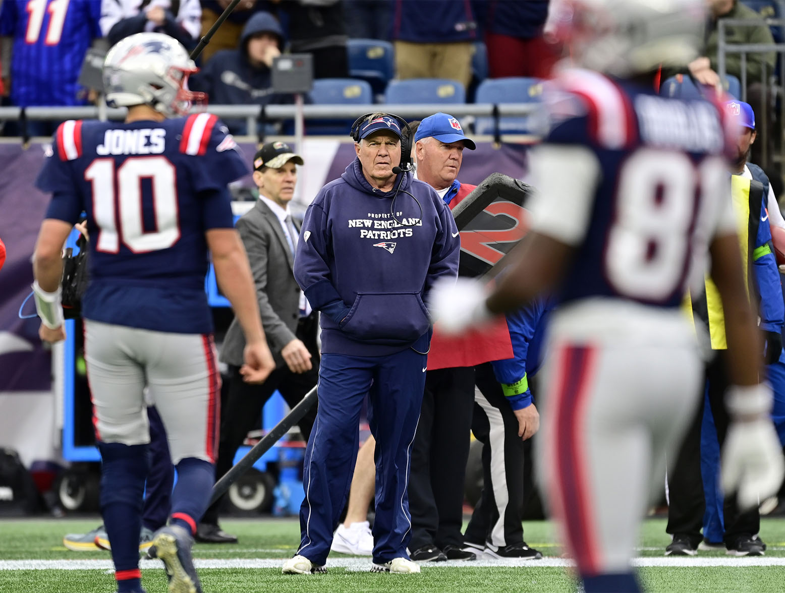 FOXBOROUGH, MASSACHUSETTS - OCTOBER 22: Head coach Bill Belichick of the New England Patriots reacts during a game against the Buffalo Bills at Gillette Stadium on October 22, 2023 in Foxborough, Massachusetts. (Photo by Billie Weiss/Getty Images)