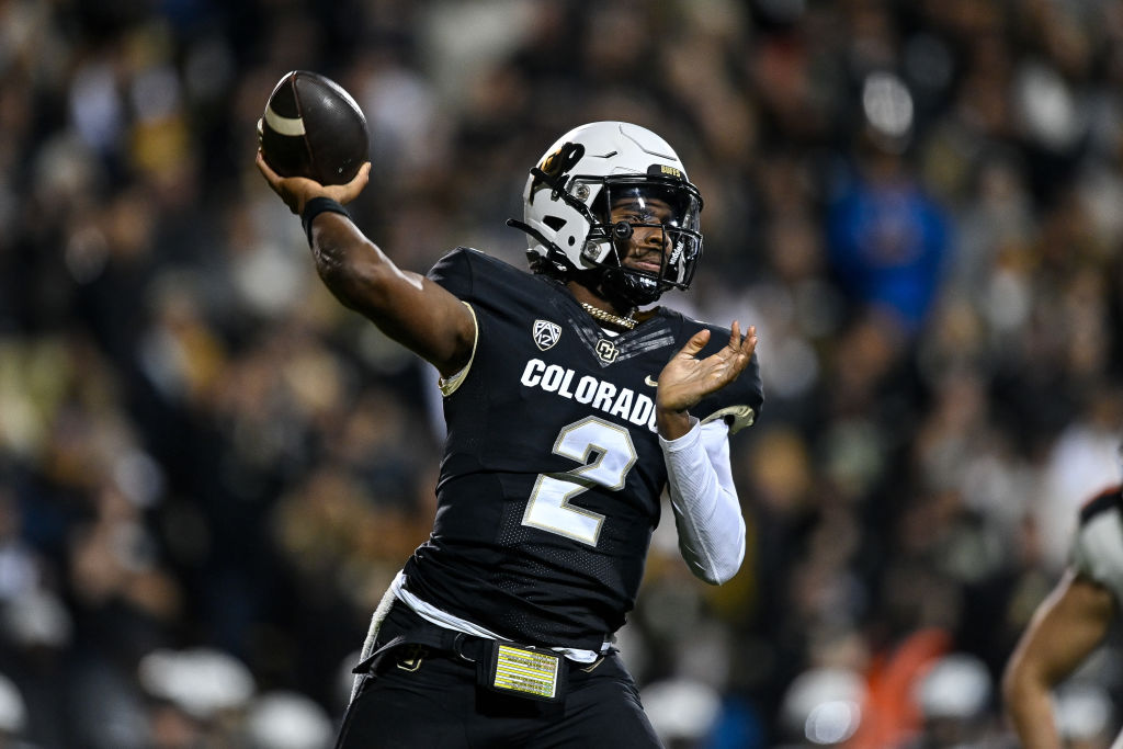 BOULDER, CO - NOVEMBER 4: Shedeur Sanders #2 of the Colorado Buffaloes passes the football in the fourth quarter against the Oregon State Beavers at Folsom Field on November 4, 2023 in Boulder, Colorado. (Photo by Dustin Bradford/Getty Images)