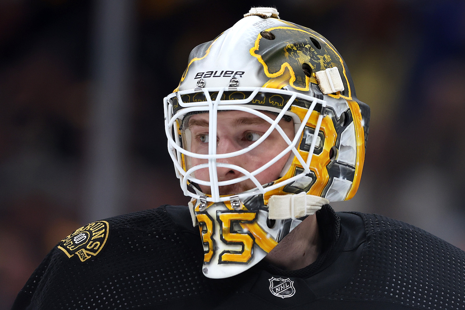 BOSTON, MASSACHUSETTS - OCTOBER 30: Linus Ullmark #35 of the Boston Bruins looks on wearing his mask during the second period against the Florida Panthers at TD Garden on October 30, 2023 in Boston, Massachusetts. (Photo by Maddie Meyer/Getty Images)