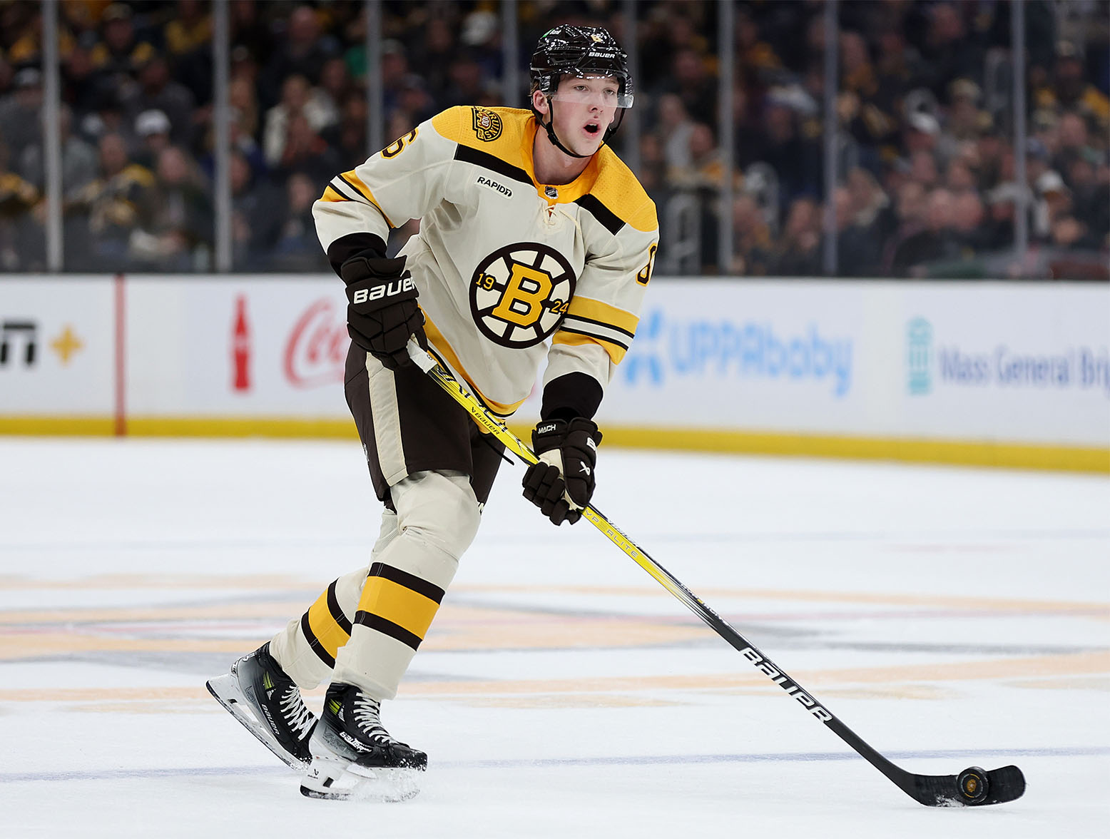 BOSTON, MASSACHUSETTS - NOVEMBER 02: Playing in his first NHL game, Mason Lohrei #6 of the Boston Bruins skates against the Toronto Maple Leafs during the first period at TD Garden on November 02, 2023 in Boston, Massachusetts. (Photo by Maddie Meyer/Getty Images)