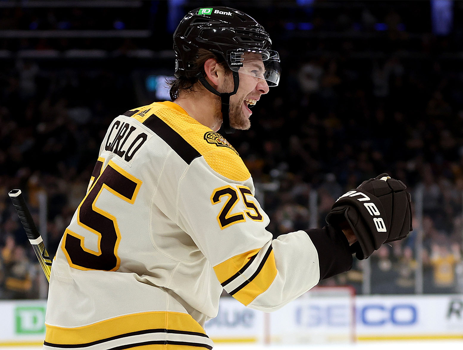 BOSTON, MASSACHUSETTS - NOVEMBER 02: Brandon Carlo #25 of the Boston Bruins after assisting a goal scored by Pavel Zacha #18 during the first period against the Toronto Maple Leafs at TD Garden on November 02, 2023 in Boston, Massachusetts. (Photo by Maddie Meyer/Getty Images)