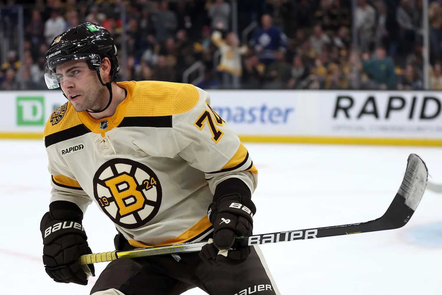 BOSTON, MASSACHUSETTS - NOVEMBER 02: Jake DeBrusk #74 of the Boston Bruins celebrates after scoring against Ilya Samsonov #35 of the Toronto Maple Leafs in the shootout at TD Garden on November 02, 2023 in Boston, Massachusetts. The Bruins defeat the Maple Leafs 3-2 in overtime. (Photo by Maddie Meyer/Getty Images)