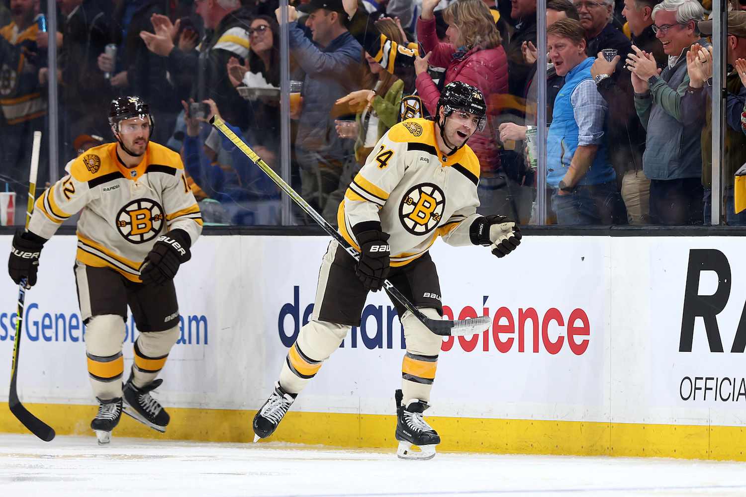 BOSTON, MASSACHUSETTS - NOVEMBER 02:Jake DeBrusk #74 of the Boston Bruins celebrates after scoring against the Toronto Maple Leafs in the shootout at TD Garden on November 02, 2023 in Boston, Massachusetts. The Bruins defeat the Maple Leafs 3-2 in overtime. (Photo by Maddie Meyer/Getty Images)