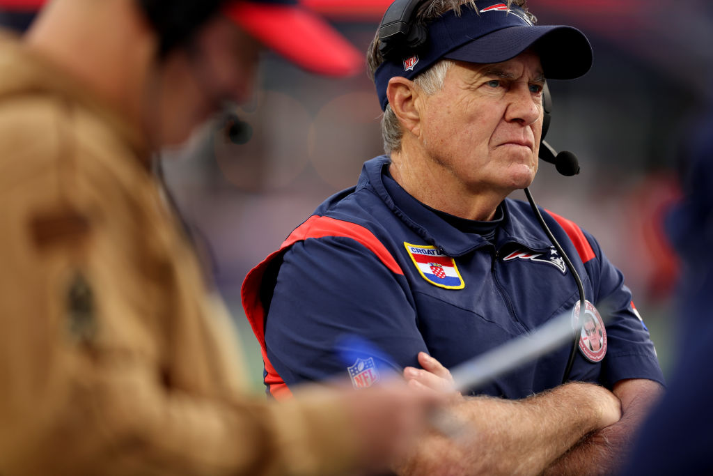 FOXBOROUGH, MASSACHUSETTS - NOVEMBER 05: Head coach Bill Belichick looks on in the game against the Washington Commanders during the second half at Gillette Stadium on November 05, 2023 in Foxborough, Massachusetts. (Photo by Maddie Meyer/Getty Images)