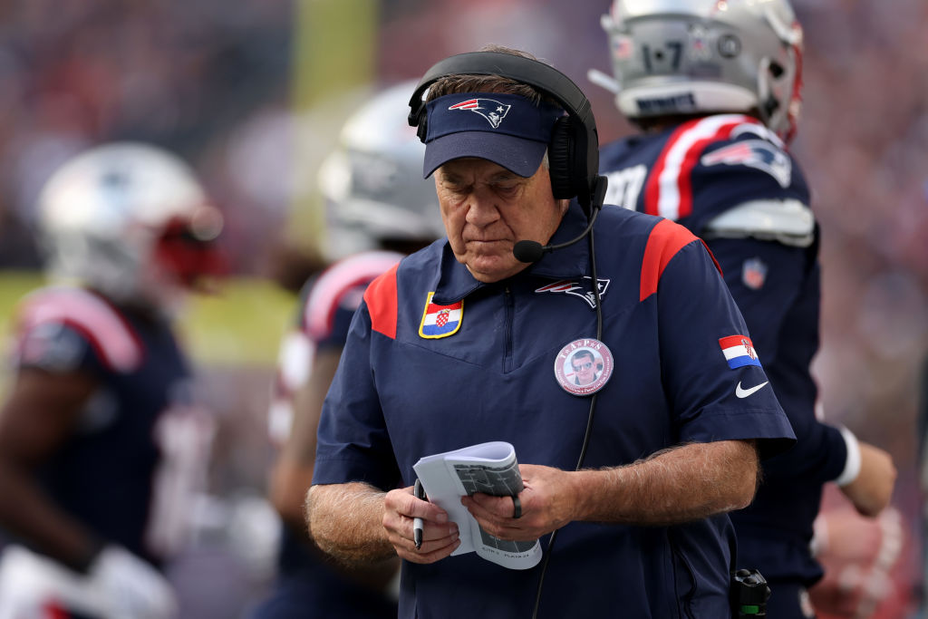 FOXBOROUGH, MASSACHUSETTS - NOVEMBER 05: Head coach Bill Belichick of the New England Patriots looks on during the second half of the game against the Washington Commanders at Gillette Stadium on November 05, 2023 in Foxborough, Massachusetts. (Photo by Maddie Meyer/Getty Images)