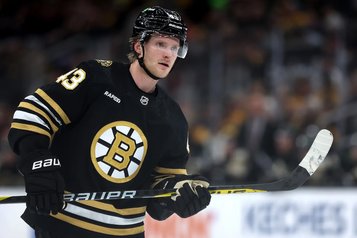 BOSTON, MASSACHUSETTS - NOVEMBER 09: Danton Heinen #43 of the Boston Bruins looks on during the game against the New York Islanders during the first period at TD Garden on November 09, 2023 in Boston, Massachusetts. (Photo by Maddie Meyer/Getty Images)