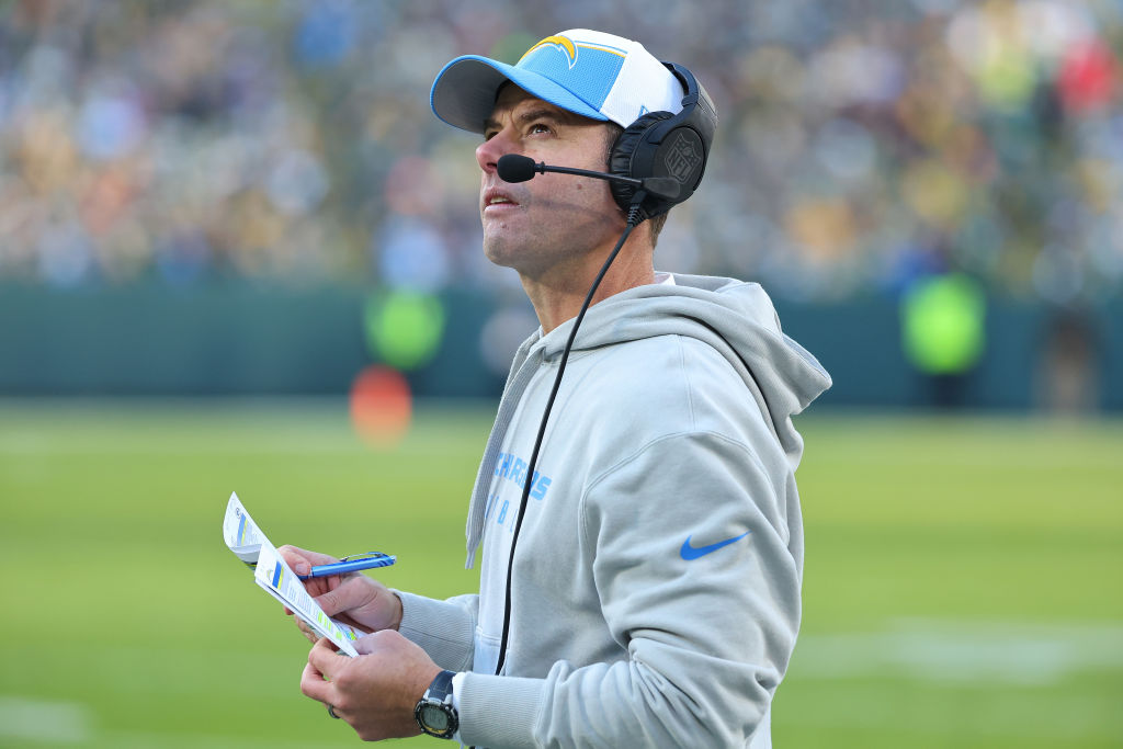 GREEN BAY, WISCONSIN - NOVEMBER 19: Head coach Brandon Staley of the Los Angeles Chargers watches action during a game against the Green Bay Packers at Lambeau Field on November 19, 2023 in Green Bay, Wisconsin. The Packers defeated the Chargers 23-20. (Photo by Stacy Revere/Getty Images)