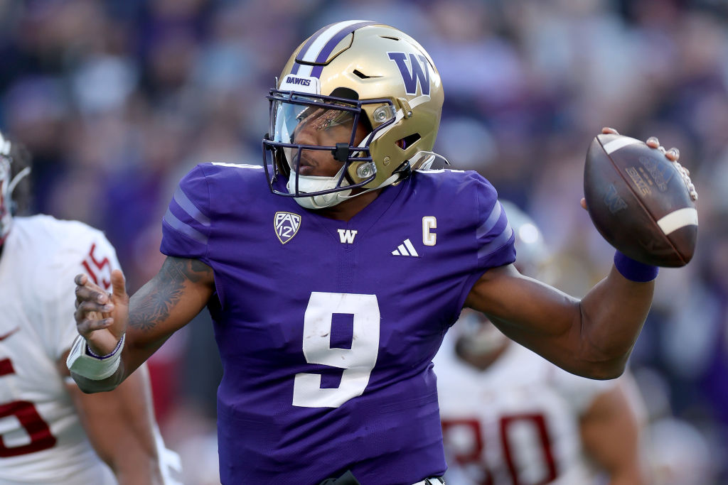 SEATTLE, WASHINGTON - NOVEMBER 25: Michael Penix Jr. #9 of the Washington Huskies passes during the second quarter against the Washington State Cougars at Husky Stadium on November 25, 2023 in Seattle, Washington. (Photo by Steph Chambers/Getty Images)