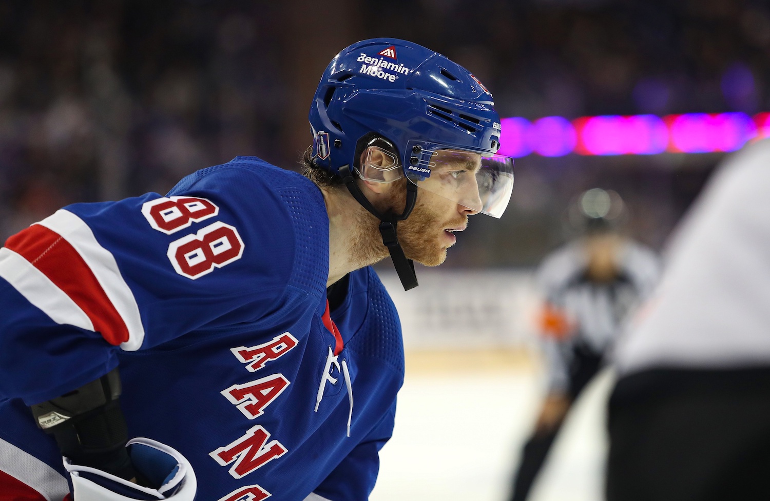 Apr 29, 2023; New York, New York, USA; New York Rangers right wing Patrick Kane (88) awaits a face-off against the New Jersey Devils during the second period in game six of the first round of the 2023 Stanley Cup Playoffs at Madison Square Garden. Mandatory Credit: Danny Wild-USA TODAY Sports