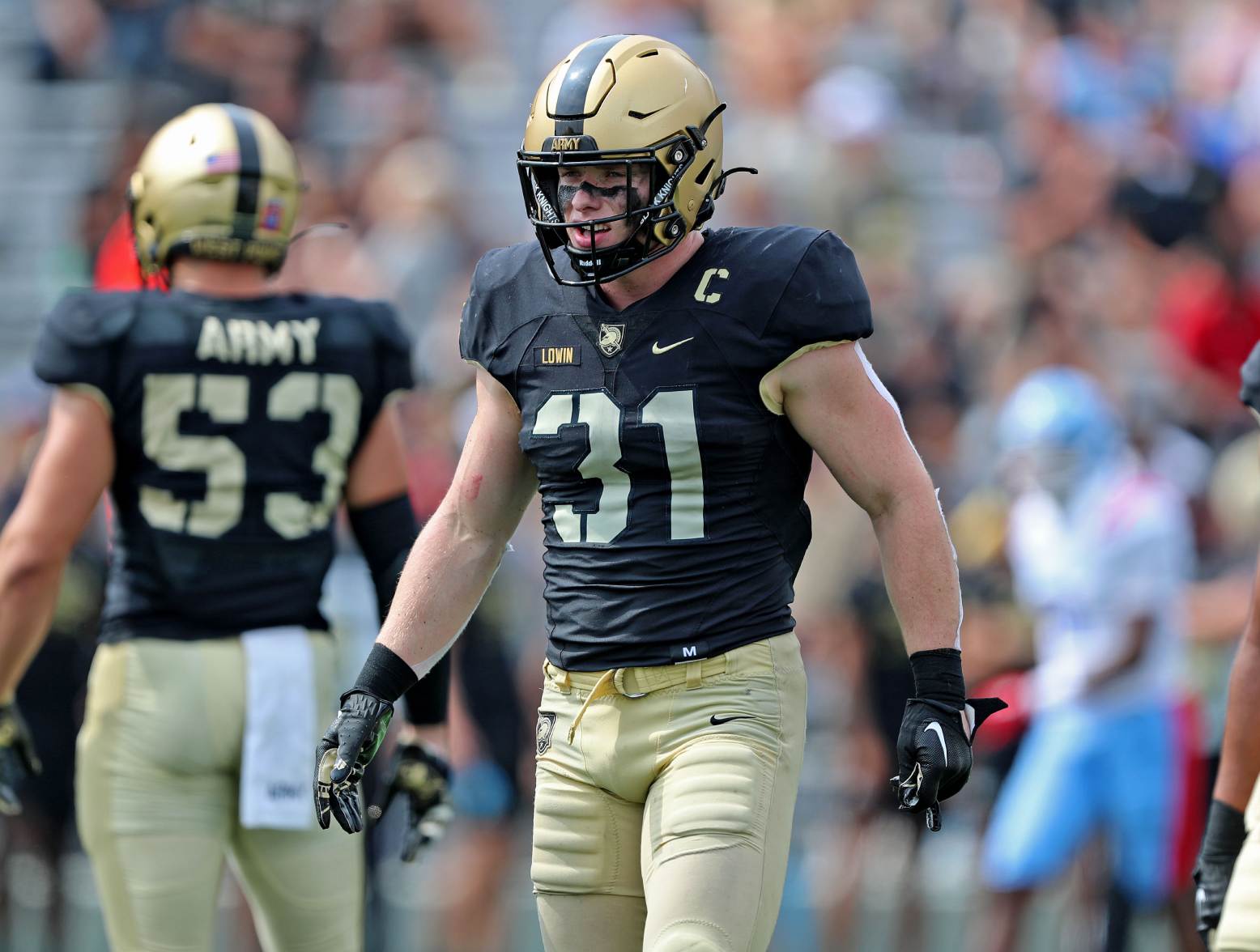 Sep 9, 2023; West Point, New York, USA; Army Black Knights linebacker Leo Lowin (31) during the first half against the Delaware State Hornets at Michie Stadium. Credit: Danny Wild-USA TODAY Sports