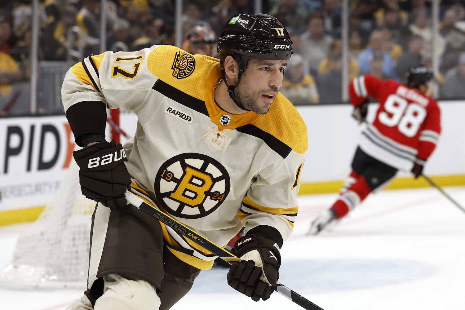 Oct 11, 2023; Boston, Massachusetts, USA; Boston Bruins left wing Milan Lucic (17) during the second period against the Chicago Blackhawks at TD Garden. Mandatory Credit: Winslow Townson-USA TODAY Sports