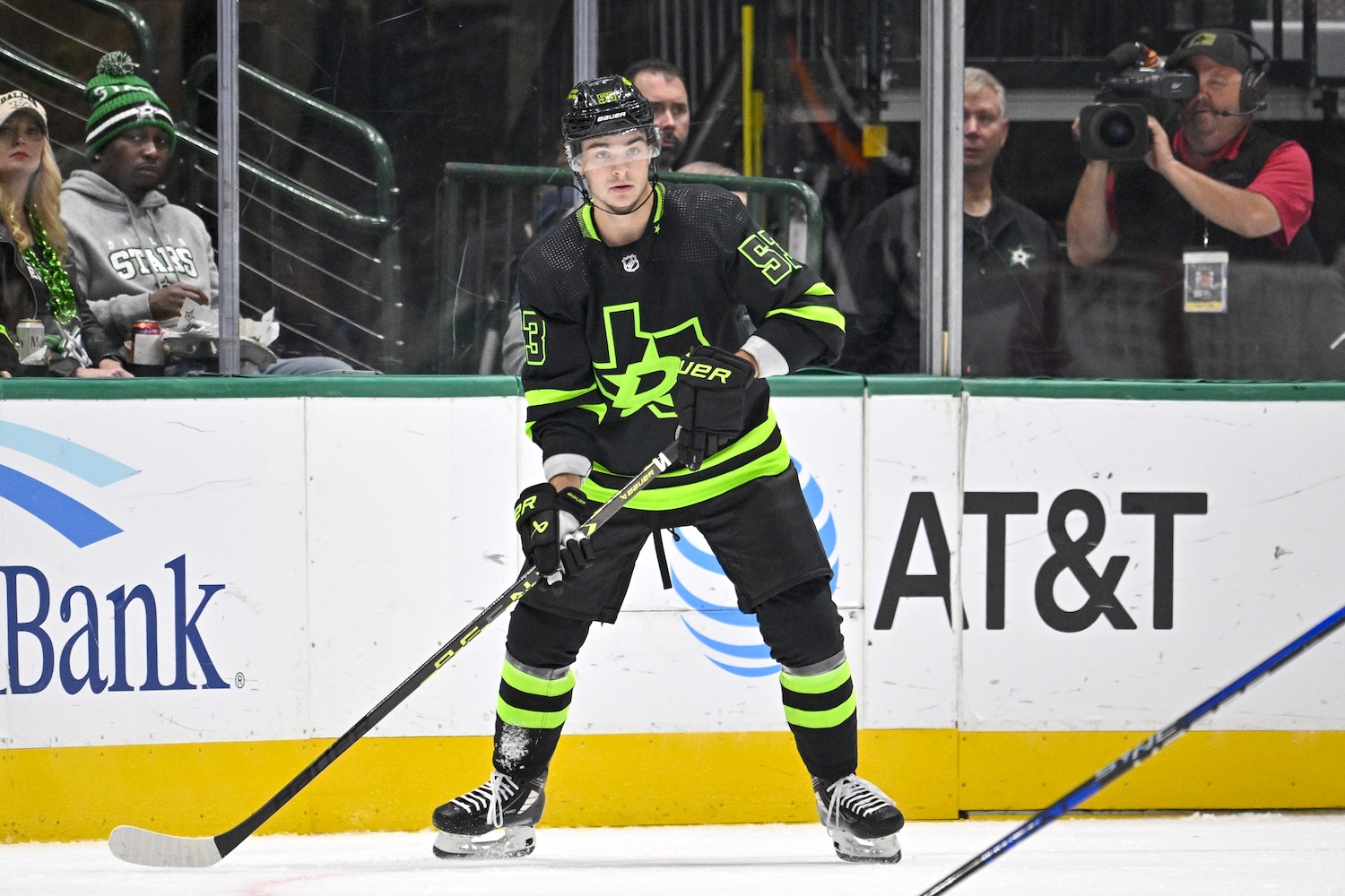 Oct 30, 2023; Dallas, Texas, USA; Dallas Stars center Wyatt Johnston (53) in action during the game between the Dallas Stars and the Columbus Blue Jackets at American Airlines Center. Mandatory Credit: Jerome Miron-USA TODAY Sports