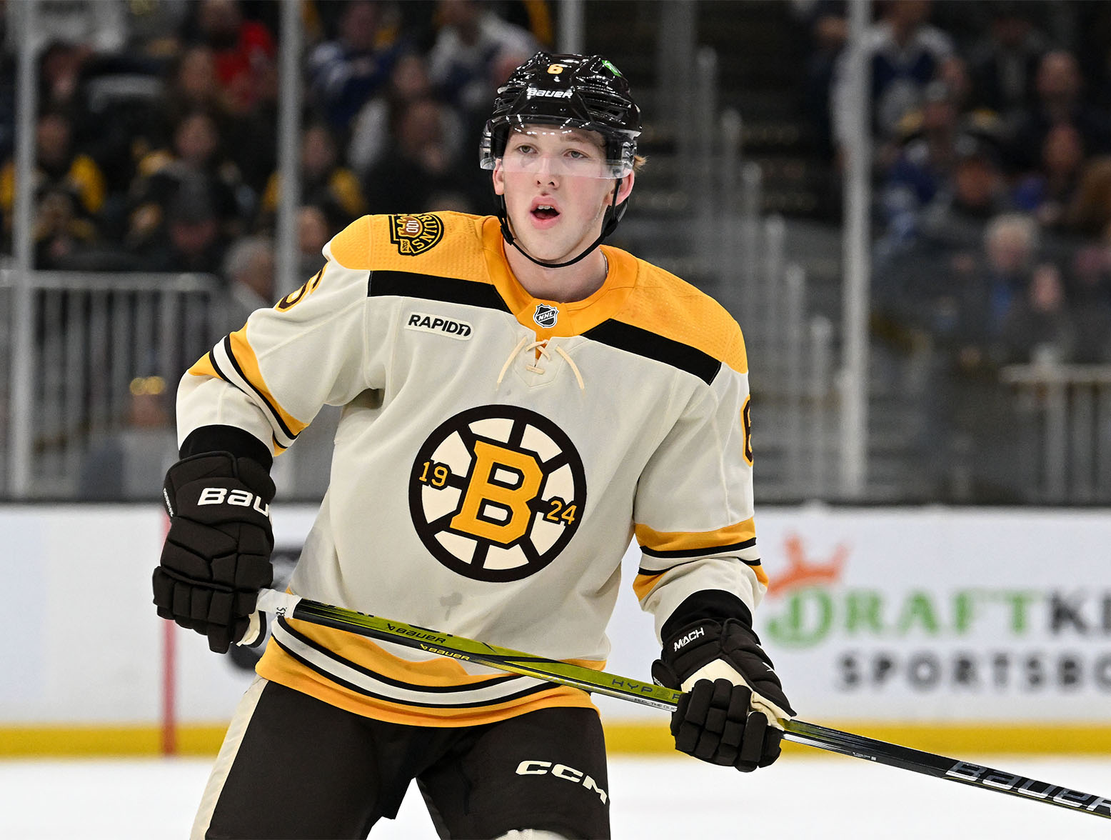 Nov 2, 2023; Boston, Massachusetts, USA; Boston Bruins defenseman Mason Lohrei (6) watches a play against the Toronto Maple Leafs during the first period at the TD Garden. Mandatory Credit: Brian Fluharty-USA TODAY Sports