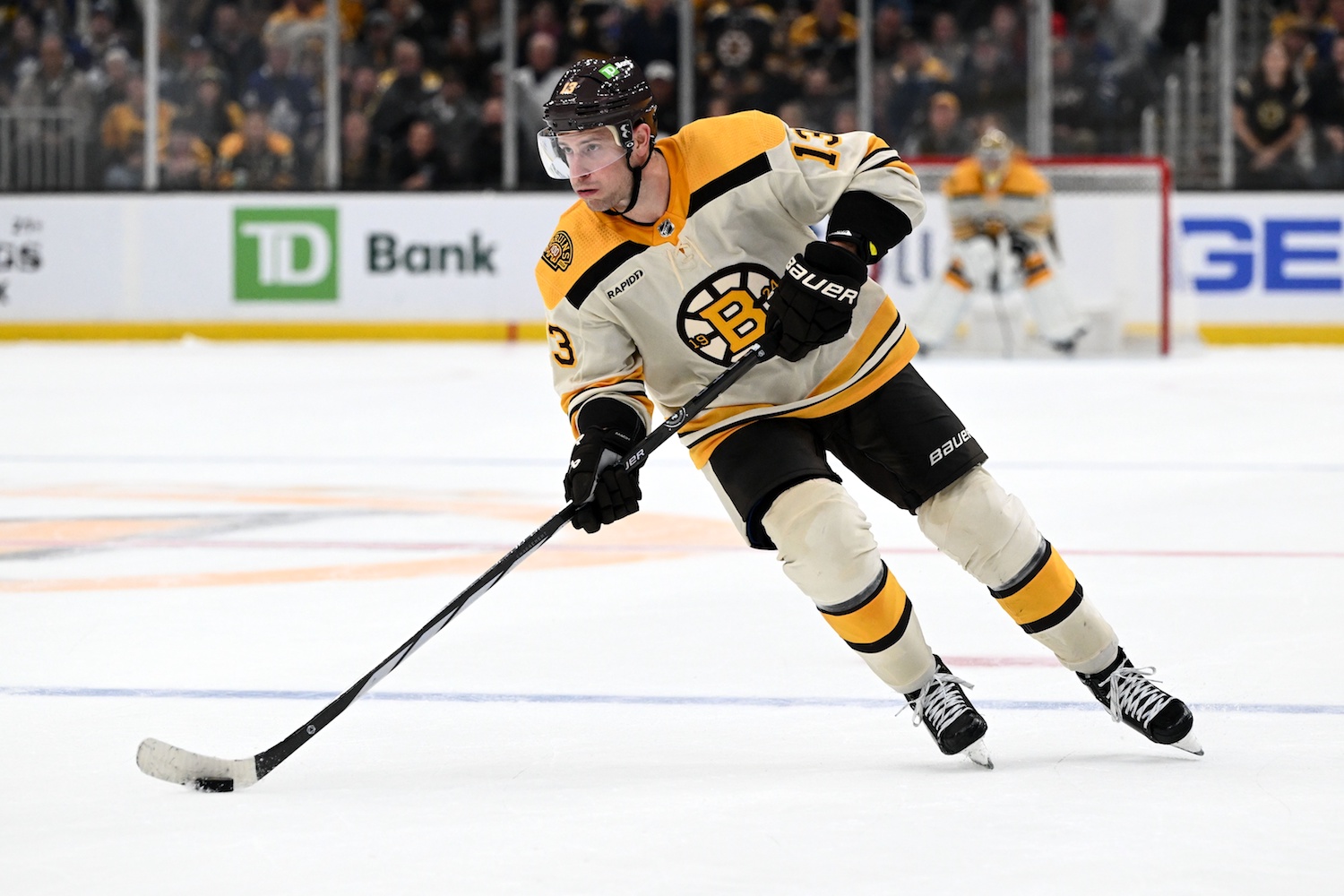 Nov 2, 2023; Boston, Massachusetts, USA; Boston Bruins center Charlie Coyle (13) skates during a shootout against the Toronto Maple Leafs at the TD Garden. Mandatory Credit: Brian Fluharty-USA TODAY Sports