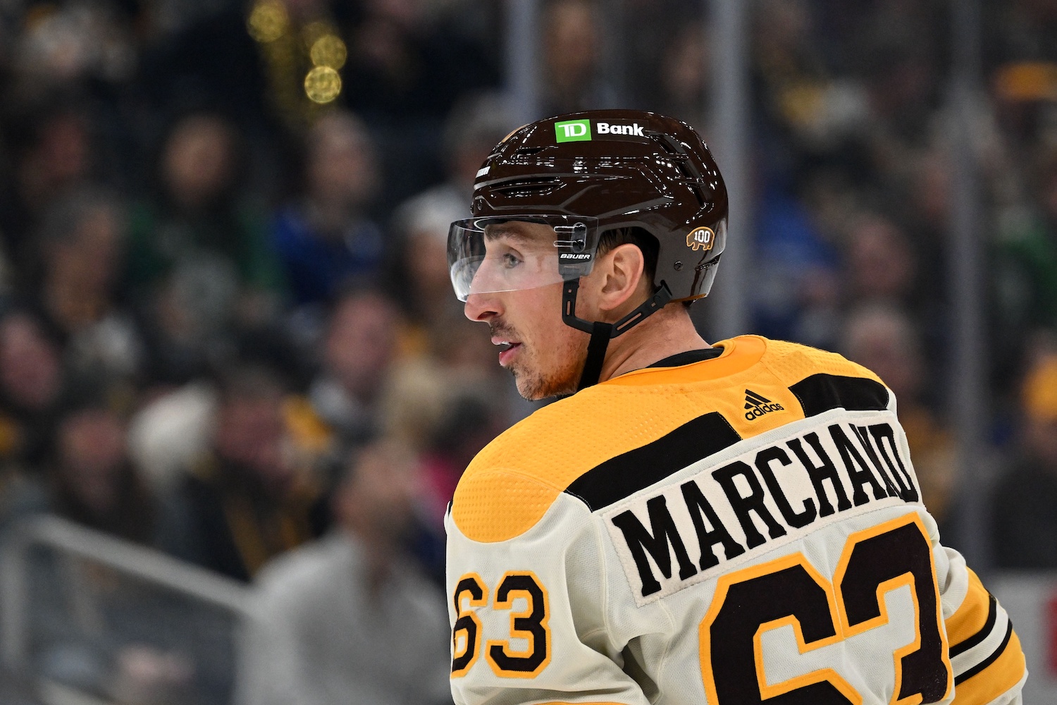 Nov 2, 2023; Boston, Massachusetts, USA; Boston Bruins left wing Brad Marchand (63) skates against the Toronto Maple Leafs during the third period at the TD Garden. Mandatory Credit: Brian Fluharty-USA TODAY Sports