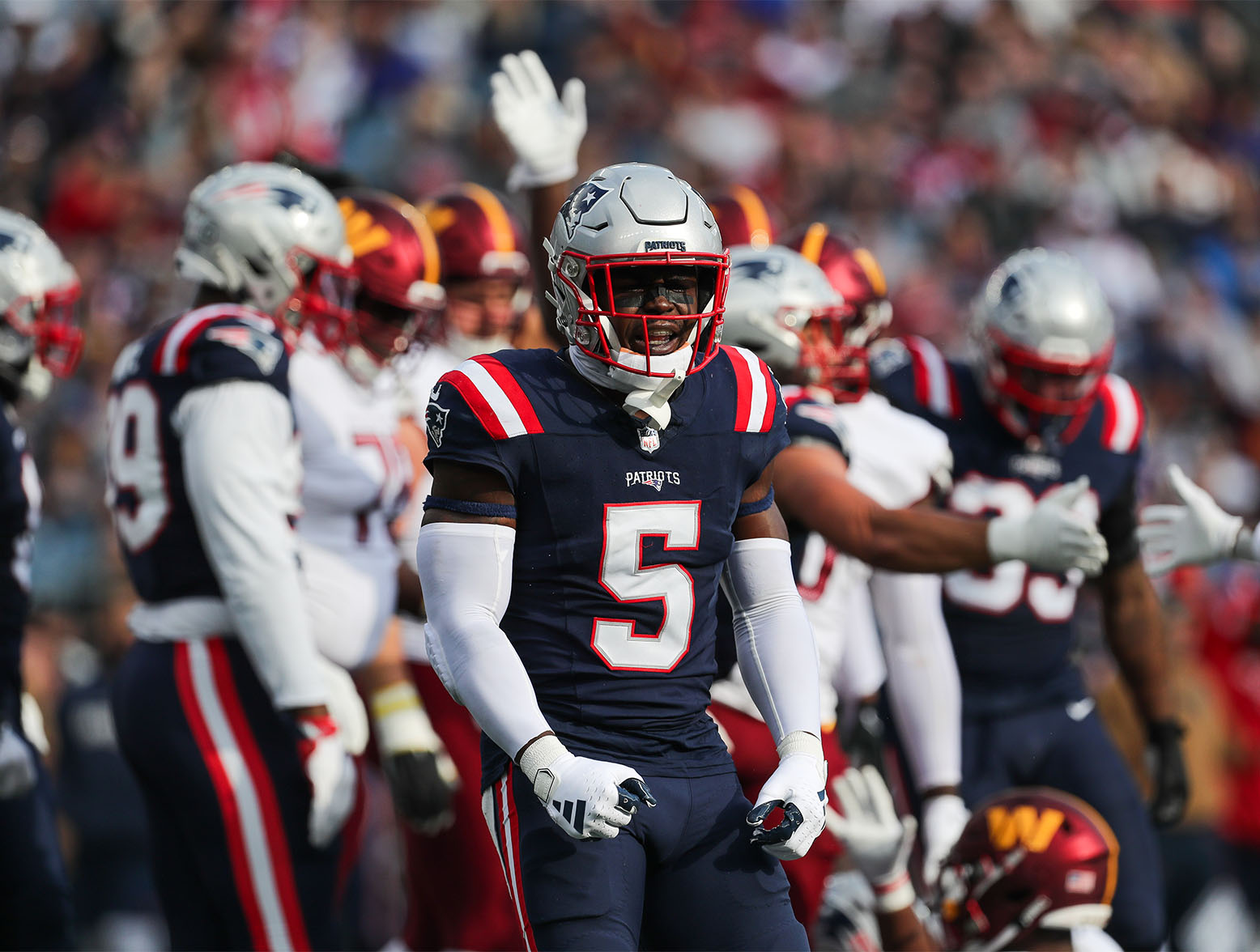Nov 5, 2023; Foxborough, Massachusetts, USA; New England Patriots safety Jabrill Peppers (5) celebrates after a play against the Washington Commanders during the first half at Gillette Stadium. Credit: Paul Rutherford-USA TODAY Sports