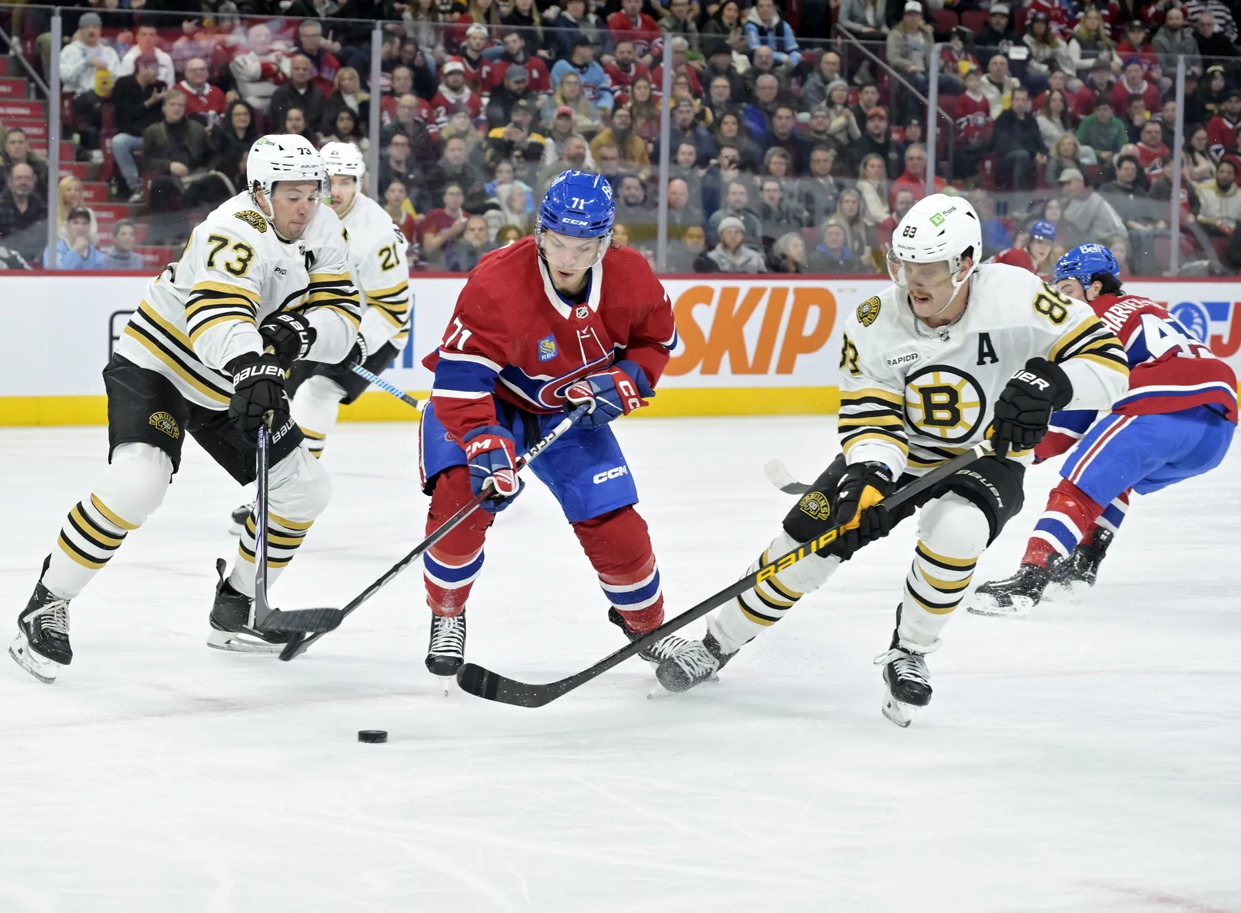 Nov 11, 2023; Montreal, Quebec, CAN; Montreal Canadiens forward Jake Evans (71) plays the puck and Boston Bruins defenseman Charlie McAvoy (73) and teammate forward David Pastrnak (88) defend during the second period at the Bell Centre. Mandatory Credit: Eric Bolte-USA TODAY Sports