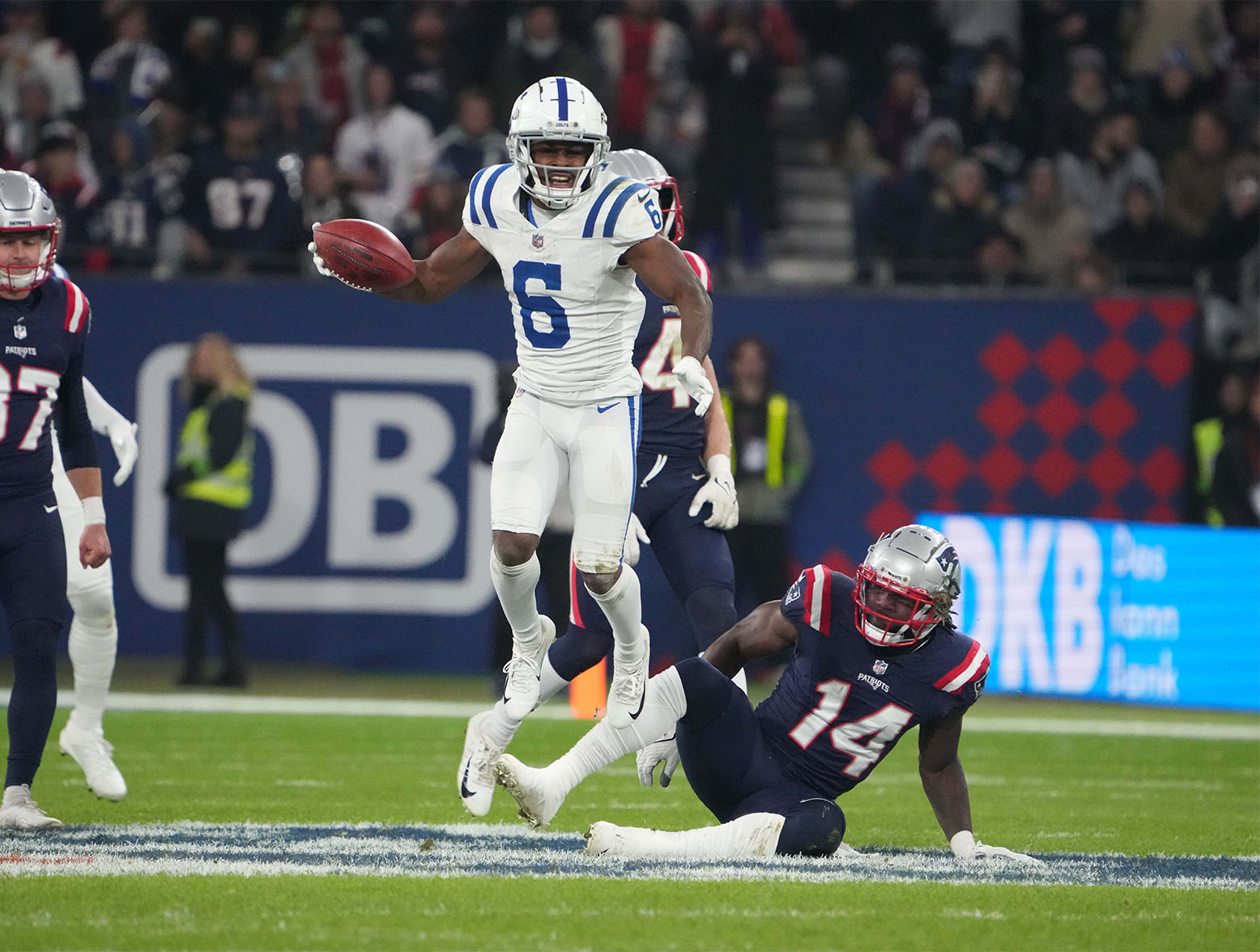 Nov 12, 2023; Frankfurt, Germany; Indianapolis Colts wide receiver Isaiah McKenzie (6) celebrates after a 42-yard kickoff return against the New England Patriots in the second half during an NFL International Series game at Deutsche Bank Park. Mandatory Credit: Kirby Lee-USA TODAY Sports