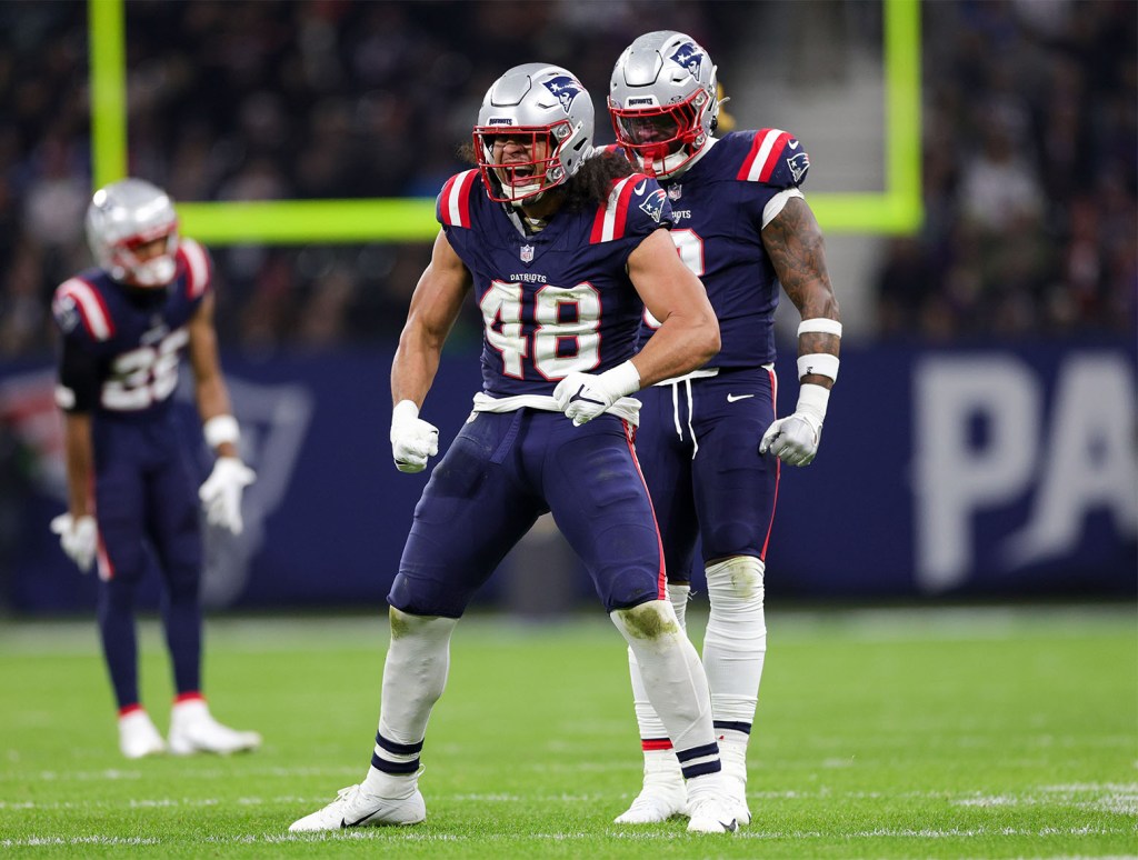 Nov 12, 2023; Frankfurt, Germany; New England Patriots linebacker Jahlani Tavai (48) reacts after a play against the Indianapolis Colts in the third quarter during an International Series game at Deutsche Bank Park. Mandatory Credit: Nathan Ray Seebeck-USA TODAY Sports