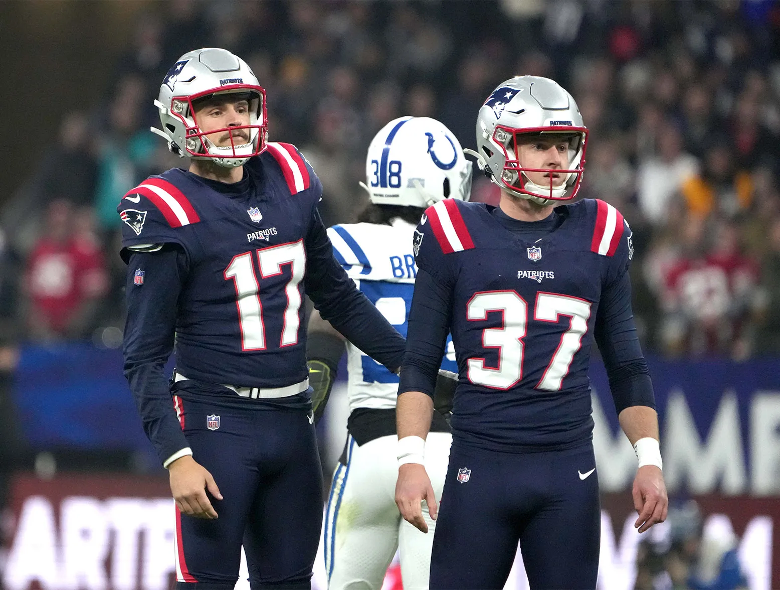 Nov 12, 2023; Frankfurt, Germany; New England Patriots punter Bryce Baringer (17) and place kicker Chad Ryland (37) react after a missed field goal against the Indianapolis Colts in the second half during an NFL International Series game at Deutsche Bank Park. Mandatory Credit: Kirby Lee-USA TODAY Sports