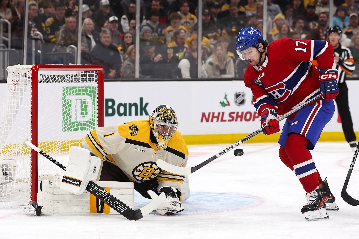 Nov 18, 2023; Boston, Massachusetts, USA; Montreal Canadiens right wing Josh Anderson (17) looks for a rebound off a save by Boston Bruins goaltender Jeremy Swayman (1) during the first period at TD Garden. Mandatory Credit: Winslow Townson-USA TODAY Sports