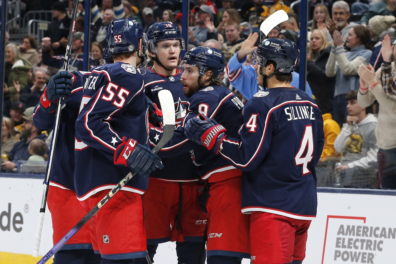 Nov 27, 2023; Columbus, Ohio, USA; Columbus Blue Jackets defenseman Ivan Provorov (9) celebrates his goal against the Boston Bruins during the second period at Nationwide Arena. Mandatory Credit: Russell LaBounty-USA TODAY Sports