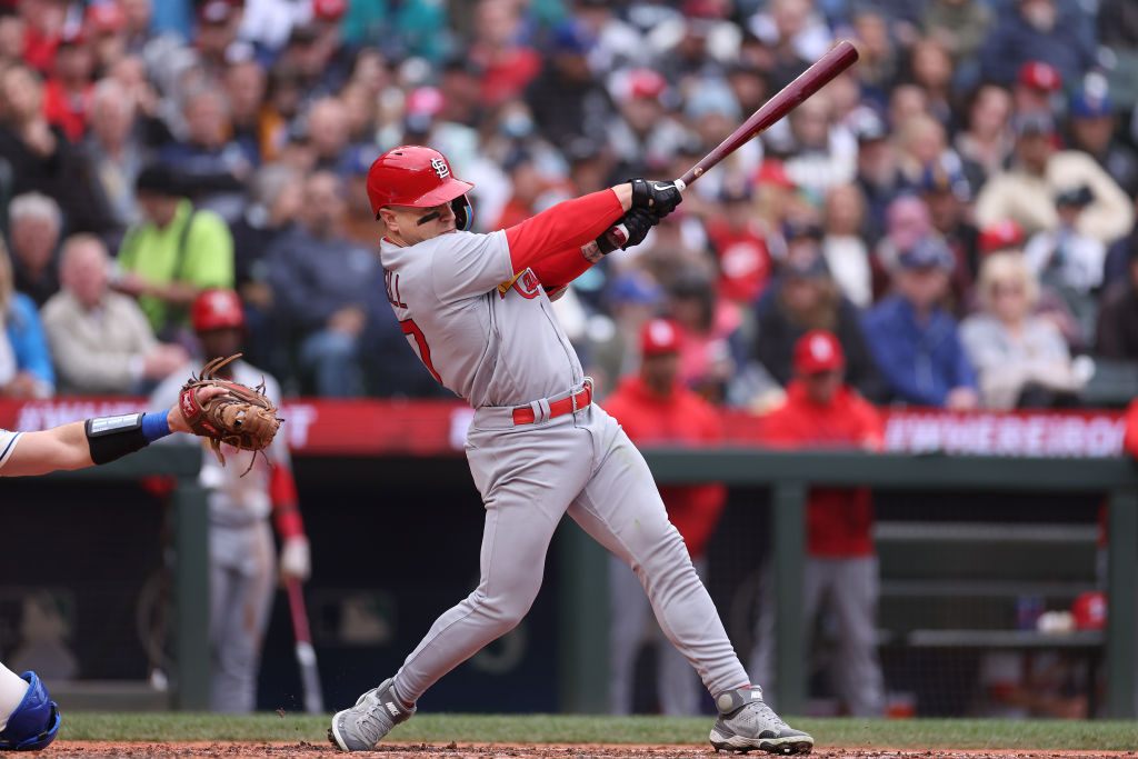 SEATTLE, WASHINGTON - APRIL 23: Tyler O'Neill #27 of the St. Louis Cardinals at bat against the Seattle Mariners at T-Mobile Park on April 23, 2023 in Seattle, Washington. (Photo by Steph Chambers/Getty Images)