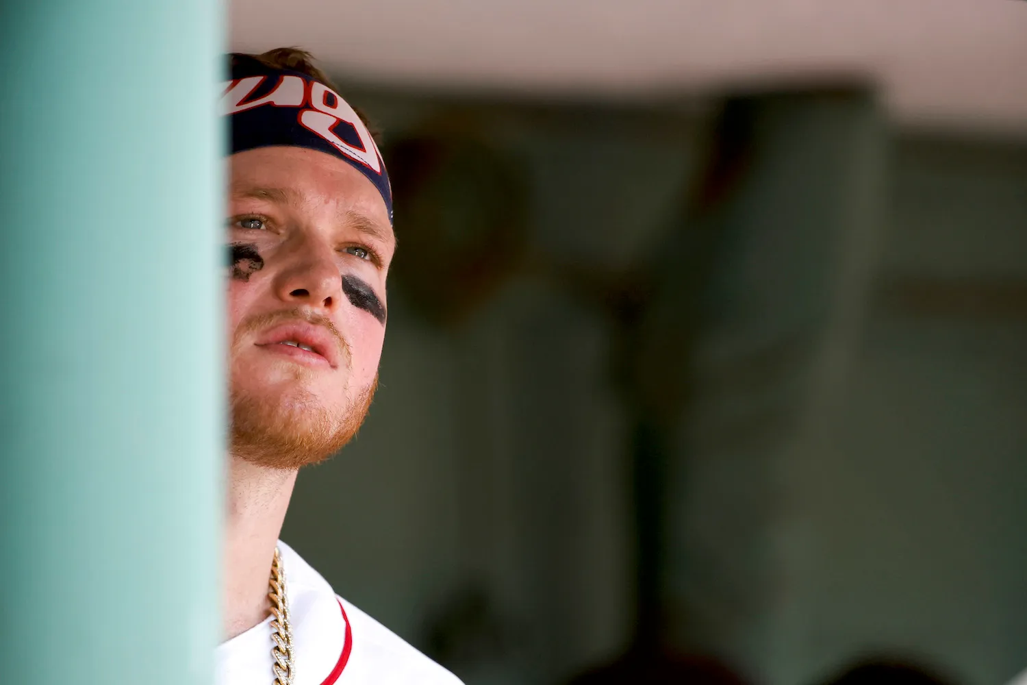 BOSTON, MA - AUGUST 6: Alex Verdugo #99 of the Boston Red Sox looks on from the dugout during the seventh inning against the Toronto Blue Jays at Fenway Park on August 6, 2023 in Boston, Massachusetts. (Photo By Winslow Townson/Getty Images)