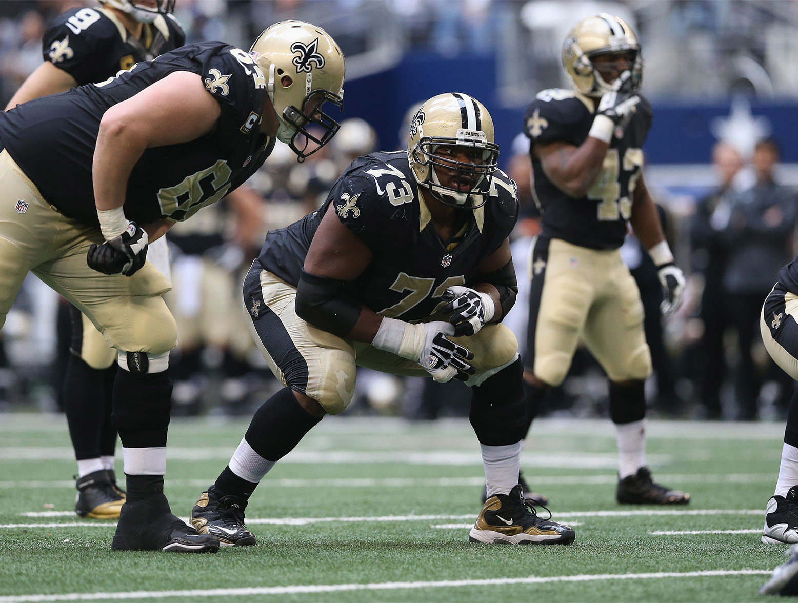 ARLINGTON, TX - DECEMBER 23: Jahri Evans #73 of the New Orleans Saints at Cowboys Stadium on December 23, 2012 in Arlington, Texas. (Photo by Ronald Martinez/Getty Images)