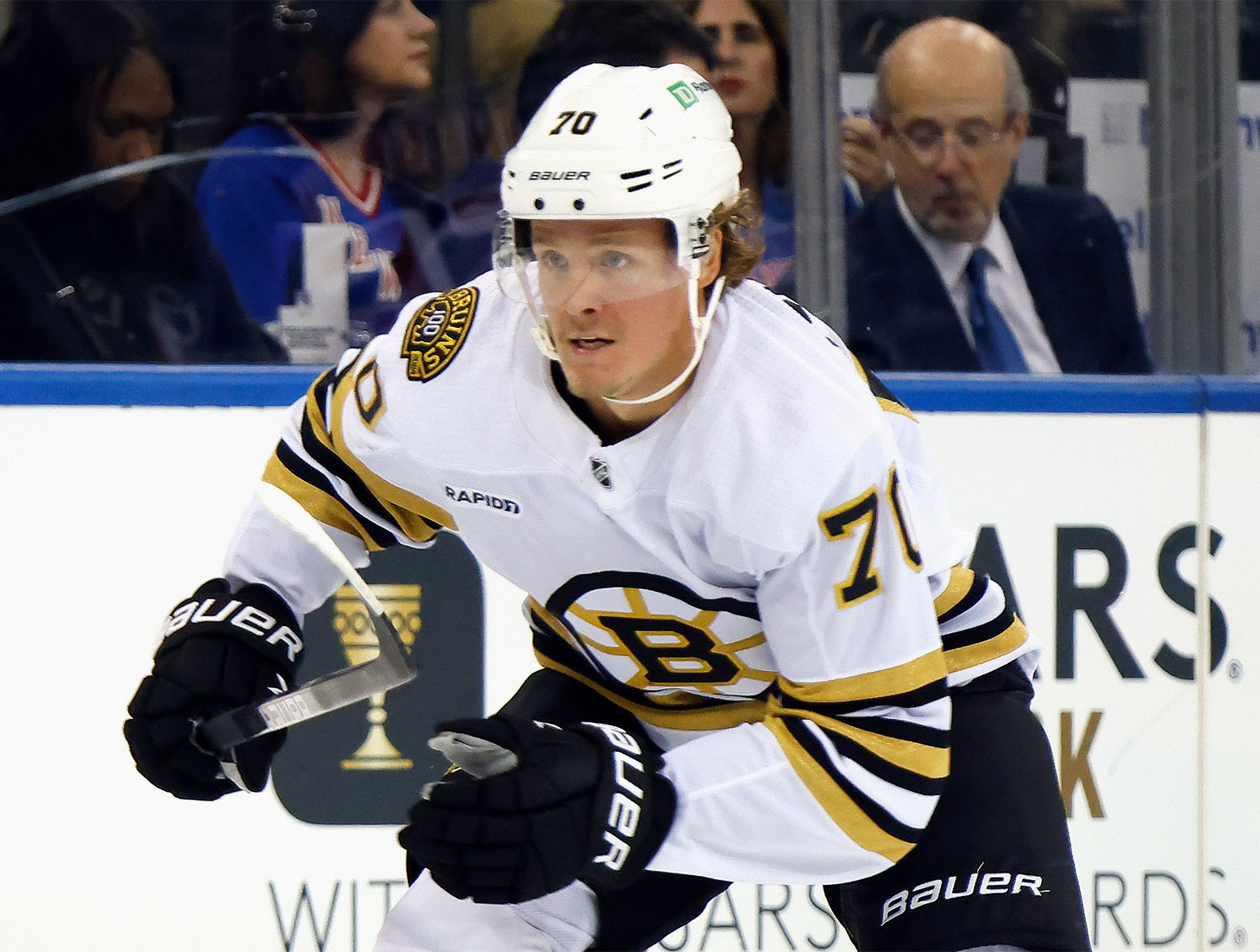 NEW YORK, NEW YORK - OCTOBER 05: Jesper Boqvist #70 of the Boston Bruins skates against the New York Rangers at Madison Square Garden on October 05, 2023 in New York City. (Photo by Bruce Bennett/Getty Images)