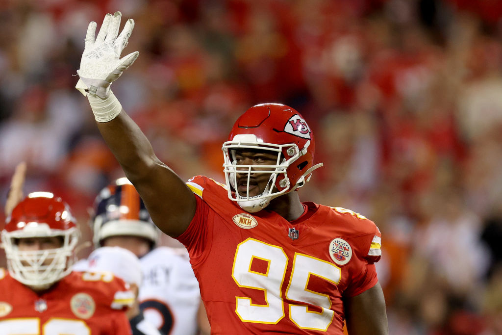 KANSAS CITY, MISSOURI - OCTOBER 12: Chris Jones #95 of the Kansas City Chiefs celebrates his sack against the Denver Broncos during the second quarter at GEHA Field at Arrowhead Stadium on October 12, 2023 in Kansas City, Missouri. (Photo by Jamie Squire/Getty Images)