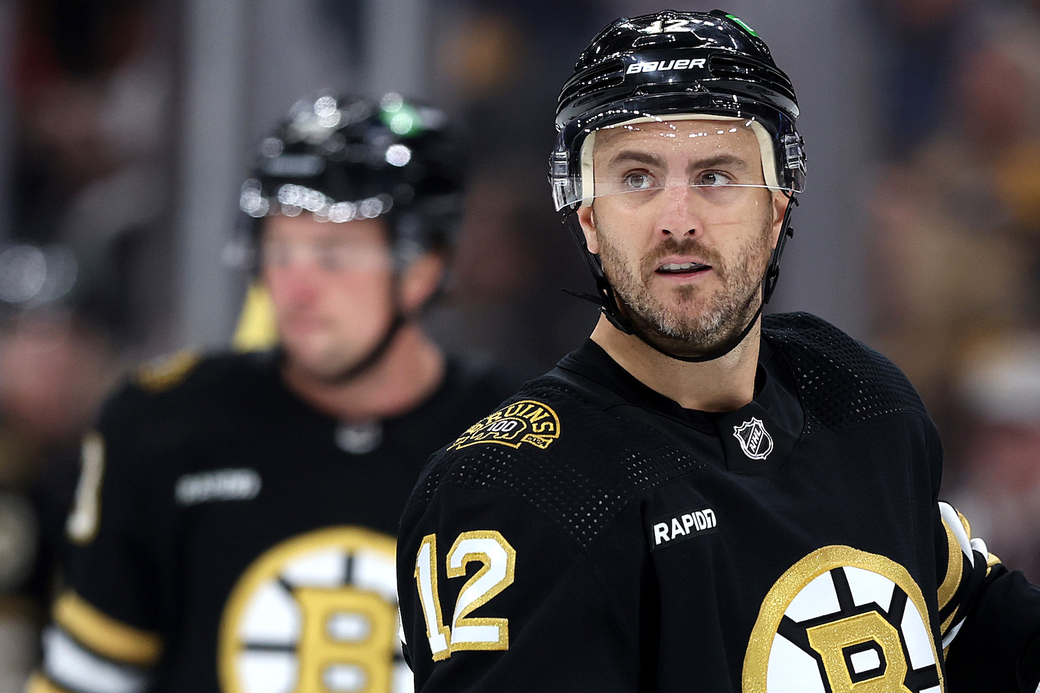 BOSTON, MASSACHUSETTS - OCTOBER 30: Kevin Shattenkirk #12 of the Boston Bruins looks on during the third period against the Florida Panthers at TD Garden on October 30, 2023 in Boston, Massachusetts. (Photo by Maddie Meyer/Getty Images)