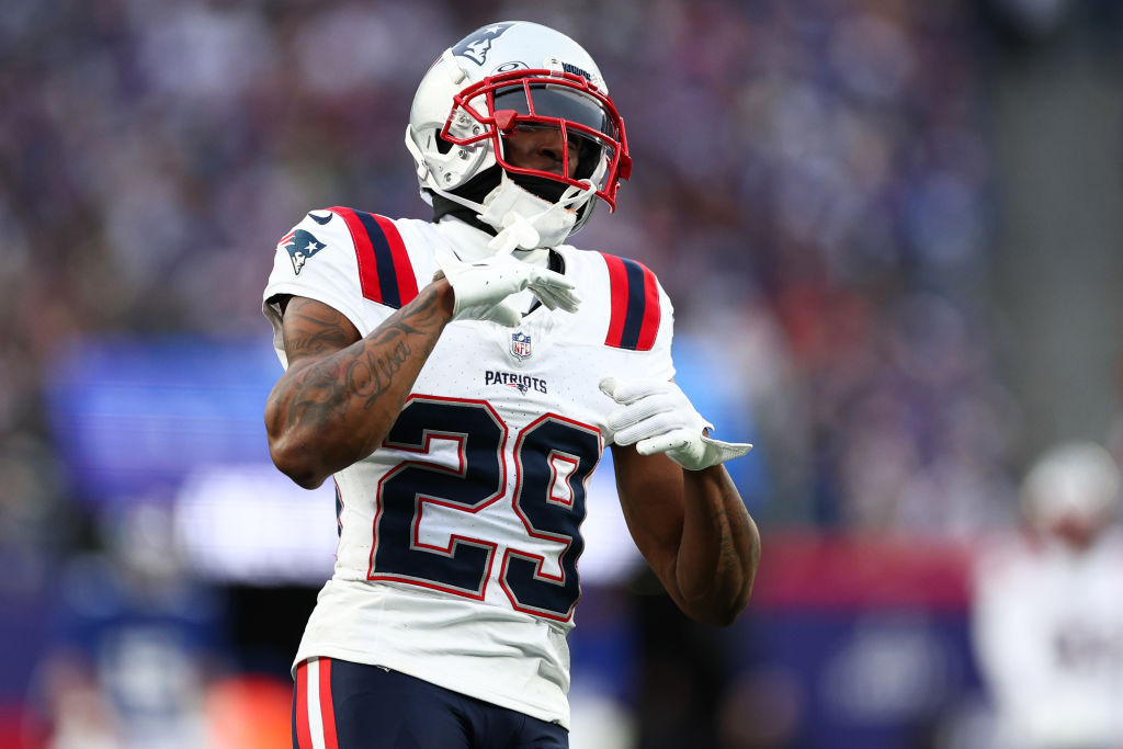 EAST RUTHERFORD, NEW JERSEY - NOVEMBER 26: J.C. Jackson #29 of the New England Patriots reacts after a play during the first half against the New York Giants at MetLife Stadium on November 26, 2023 in East Rutherford, New Jersey. (Photo by Elsa/Getty Images)