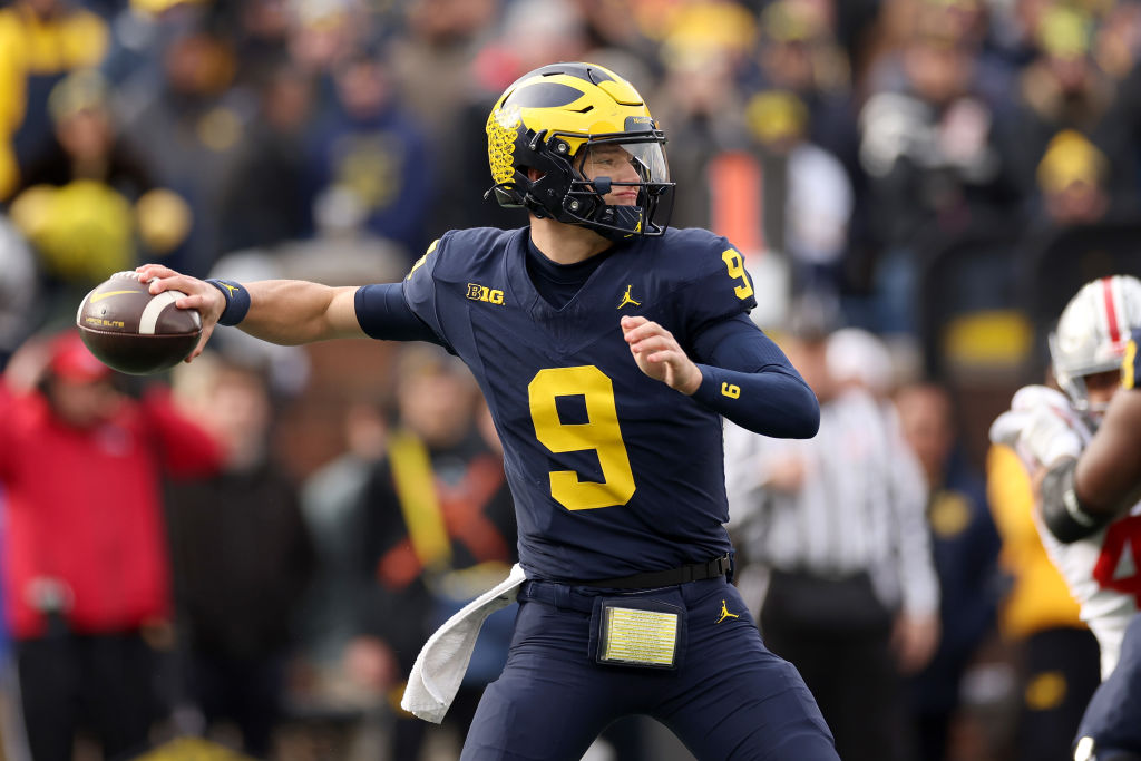 ANN ARBOR, MICHIGAN - NOVEMBER 25: J.J. McCarthy #9 of the Michigan Wolverines passes the ball against the Ohio State Buckeyes at Michigan Stadium on November 25, 2023 in Ann Arbor, Michigan. (Photo by Ezra Shaw/Getty Images)