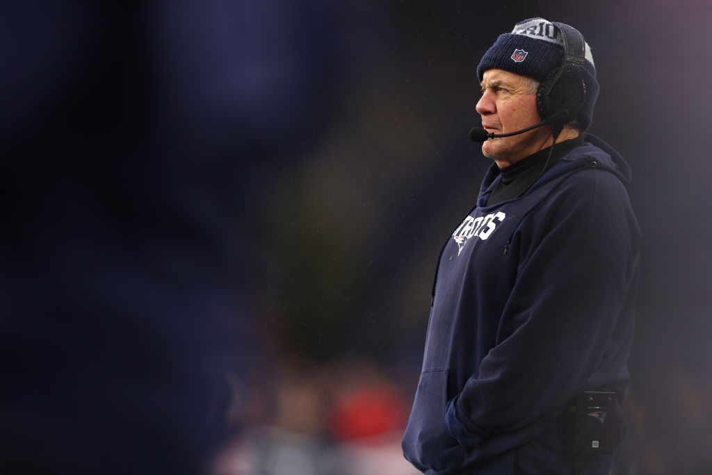 FOXBOROUGH, MASSACHUSETTS - DECEMBER 03: Head coach Bill Belichick of the New England Patriots looks on in the second quarter against the Los Angeles Chargers at Gillette Stadium on December 03, 2023 in Foxborough, Massachusetts. (Photo by Maddie Meyer/Getty Images)