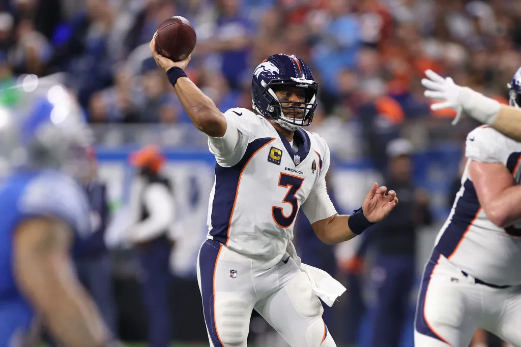 DETROIT, MICHIGAN - DECEMBER 16: Russell Wilson #3 of the Denver Broncos throws the ball during the third quarter against the Detroit Lions at Ford Field on December 16, 2023 in Detroit, Michigan. (Photo by Gregory Shamus/Getty Images)