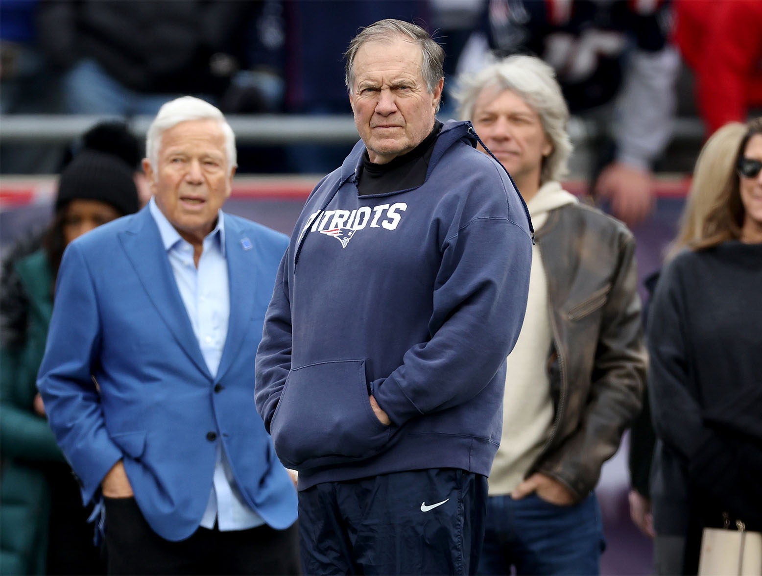 FOXBOROUGH, MASSACHUSETTS - DECEMBER 17: New England Patriots owner Robert Kraft and head coach Bill Belichick of the New England Patriots look on prior to a game against the Kansas City Chiefs at Gillette Stadium on December 17, 2023 in Foxborough, Massachusetts. (Photo by Maddie Meyer/Getty Images)
