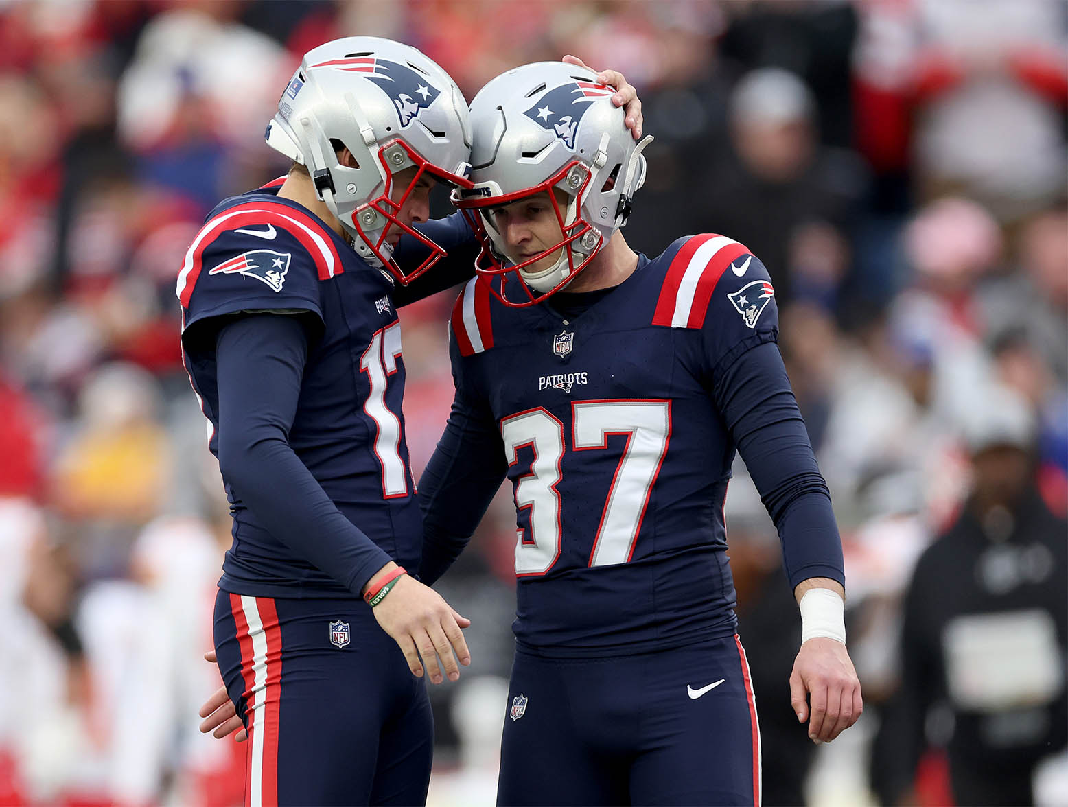 FOXBOROUGH, MASSACHUSETTS - DECEMBER 17: Bryce Baringer #17 and Chad Ryland #37 of the New England Patriots celebrate after Ryland's field goal during the second quarter against the Kansas City Chiefs at Gillette Stadium on December 17, 2023 in Foxborough, Massachusetts. (Photo by Maddie Meyer/Getty Images)