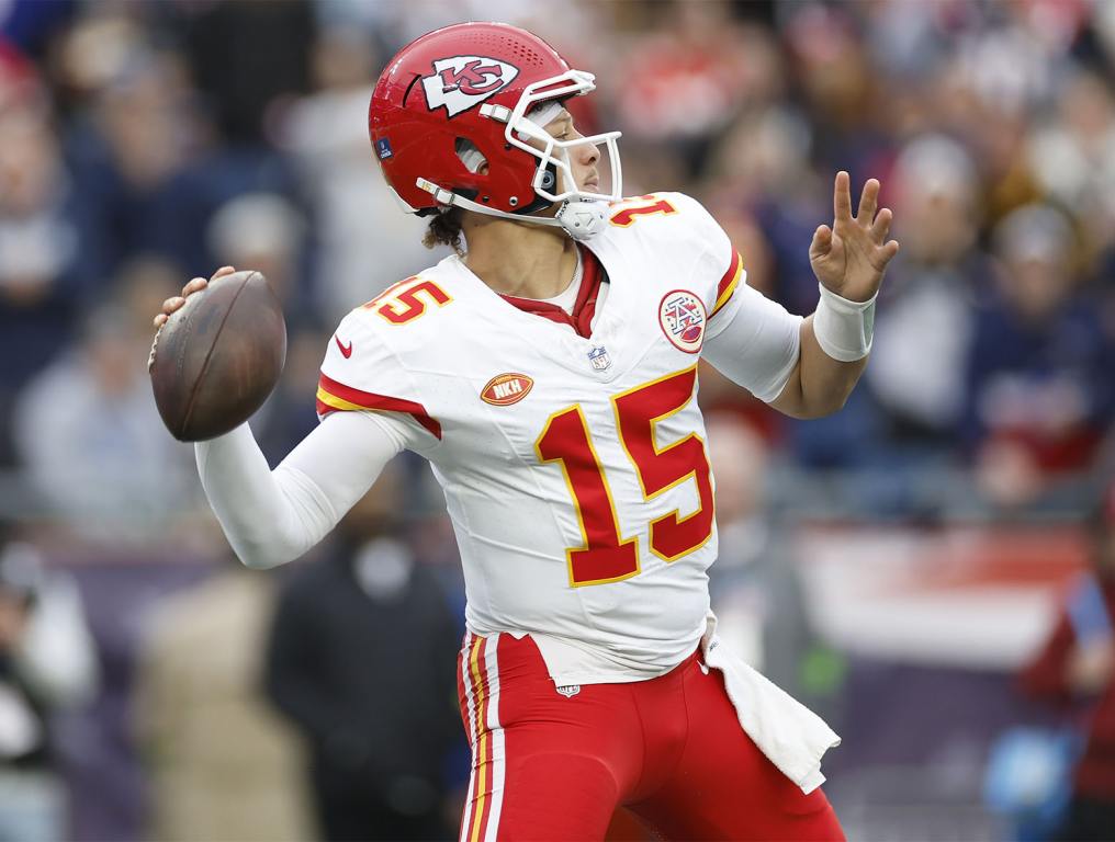 FOXBOROUGH, MASSACHUSETTS - DECEMBER 17: Patrick Mahomes #15 of the Kansas City Chiefs attempts a pass during the second quarter against the New England Patriots at Gillette Stadium on December 17, 2023 in Foxborough, Massachusetts. (Photo by Sarah Stier/Getty Images)