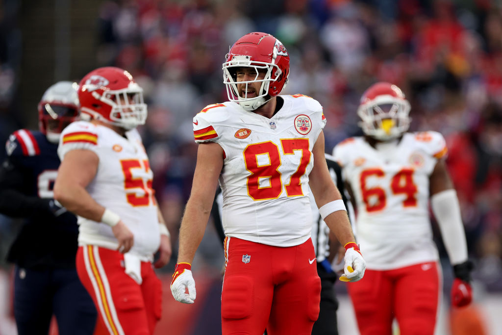 FOXBOROUGH, MASSACHUSETTS - DECEMBER 17: Travis Kelce #87 of the Kansas City Chiefs reacts after catching a first down during the third quarter against the New England Patriots at Gillette Stadium on December 17, 2023 in Foxborough, Massachusetts. (Photo by Maddie Meyer/Getty Images)