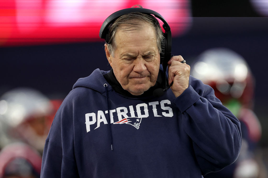 FOXBOROUGH, MASSACHUSETTS - DECEMBER 17: Head coach Bill Belichick of the New England Patriots looks on during the fourth quarter against the Kansas City Chiefs at Gillette Stadium on December 17, 2023 in Foxborough, Massachusetts. (Photo by Maddie Meyer/Getty Images)