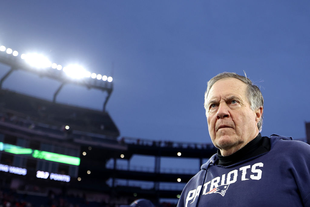 FOXBOROUGH, MASSACHUSETTS - DECEMBER 17: New England Patriots head coach Bill Belichick exits the field after the Patriots 27-17 loss to the Kansas City Chiefs at Gillette Stadium on December 17, 2023 in Foxborough, Massachusetts. (Photo by Maddie Meyer/Getty Images)