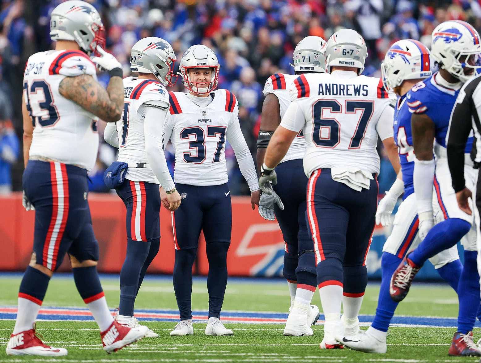 ORCHARD PARK, NEW YORK - DECEMBER 31: Chad Ryland #37 of the New England Patriots reacts during the second quarter of a game against the Buffalo Bills at Highmark Stadium on December 31, 2023 in Orchard Park, New York. (Photo by Timothy T Ludwig/Getty Images)