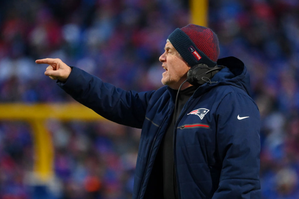 ORCHARD PARK, NEW YORK - DECEMBER 31: Head coach Bill Belichick of the New England Patriots reacts to a call during the second half of a game against the Buffalo Bills at Highmark Stadium on December 31, 2023 in Orchard Park, New York. (Photo by Rich Barnes/Getty Images)
