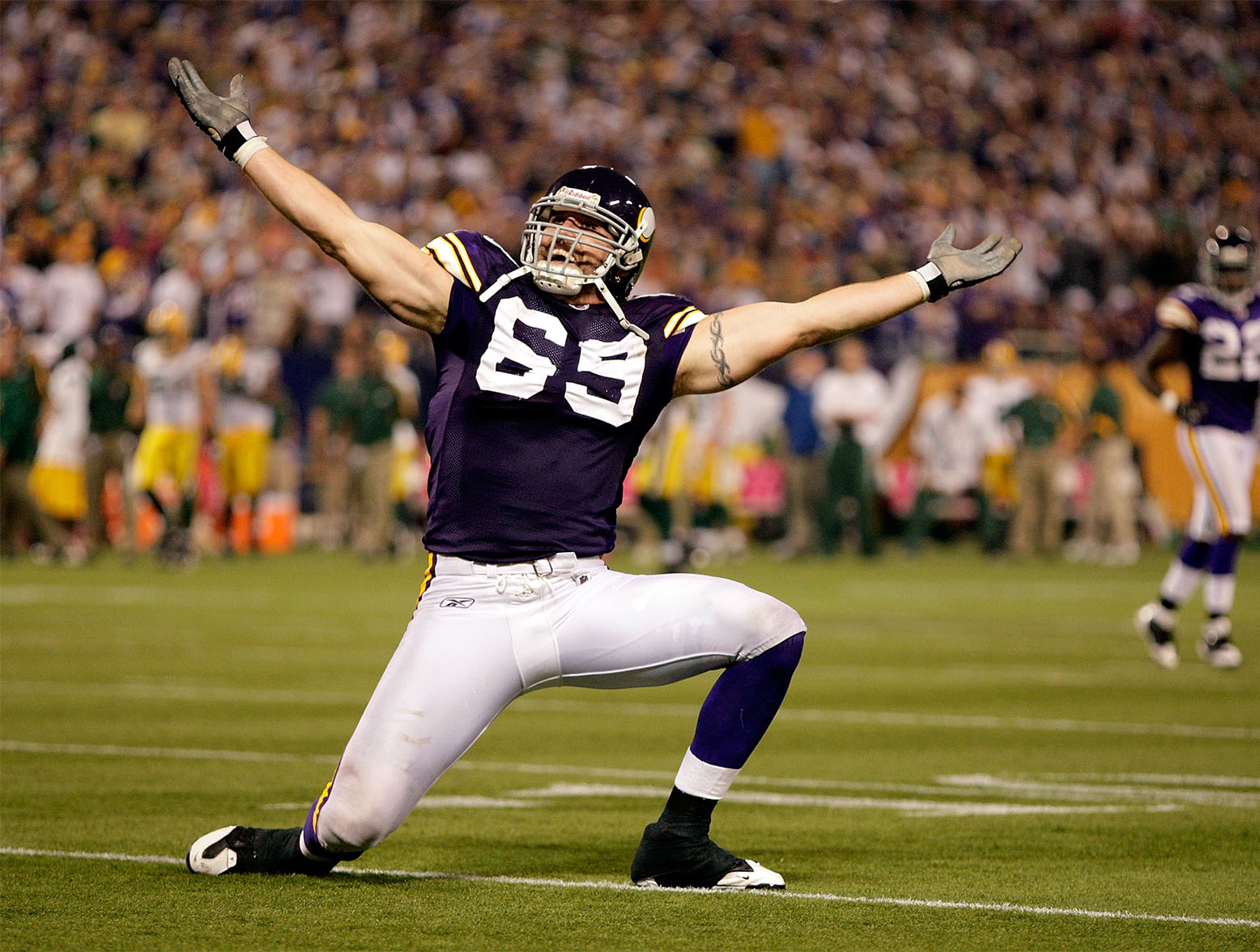 MINNEAPOLIS - OCTOBER 05: Defensive end Jared Allen #69 of the Minnesota Vikings celebrates after a sack during the Monday Night Football game against the Green Bay Packers on October 5, 2009 at Hubert H. Humphrey Metrodome in Minneapolis, Minnesota. (Photo by Jamie Squire/Getty Images)