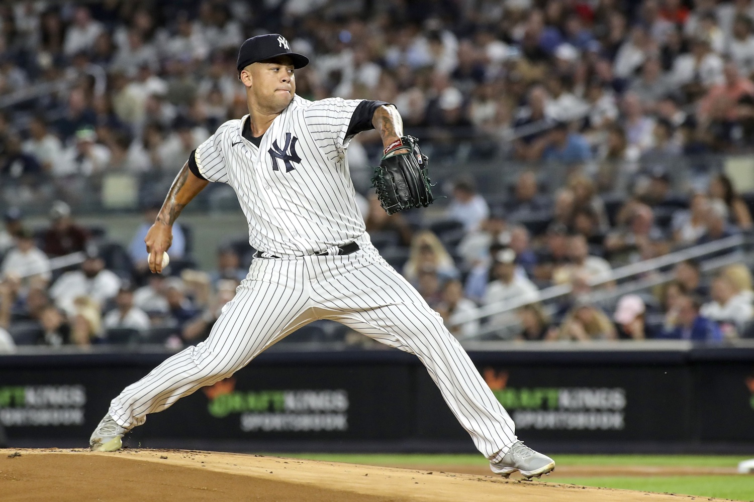 Sep 9, 2022; Bronx, New York, USA; New York Yankees starting pitcher Frankie Montas (47) pitches in the first inning against the Tampa Bay Rays at Yankee Stadium. Mandatory Credit: Wendell Cruz-USA TODAY Sports