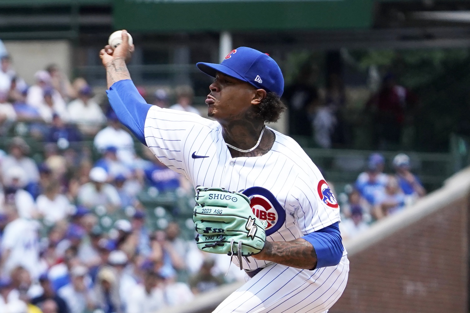 Jul 15, 2023; Chicago, Illinois, USA; Chicago Cubs starting pitcher Marcus Stroman (0) throws the ball against the Boston Red Sox during the first inning at Wrigley Field. Mandatory Credit: David Banks-USA TODAY Sports