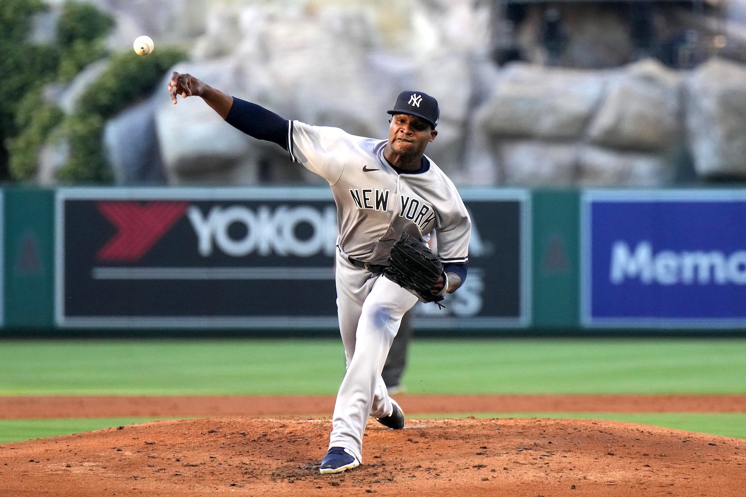 Jul 18, 2023; Anaheim, California, USA; New York Yankees starting pitcher Domingo German (0) throws against the Los Angeles Angels at Angel Stadium. Mandatory Credit: Kirby Lee-USA TODAY Sports